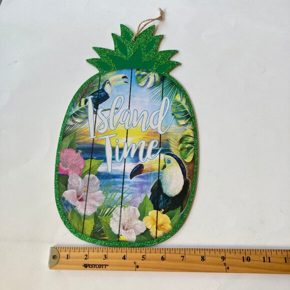 ISLAND TIME Pineapple Tiki Bar Beach Sign Luau Door Wall Decoration Parrots - Picture 8 of 9